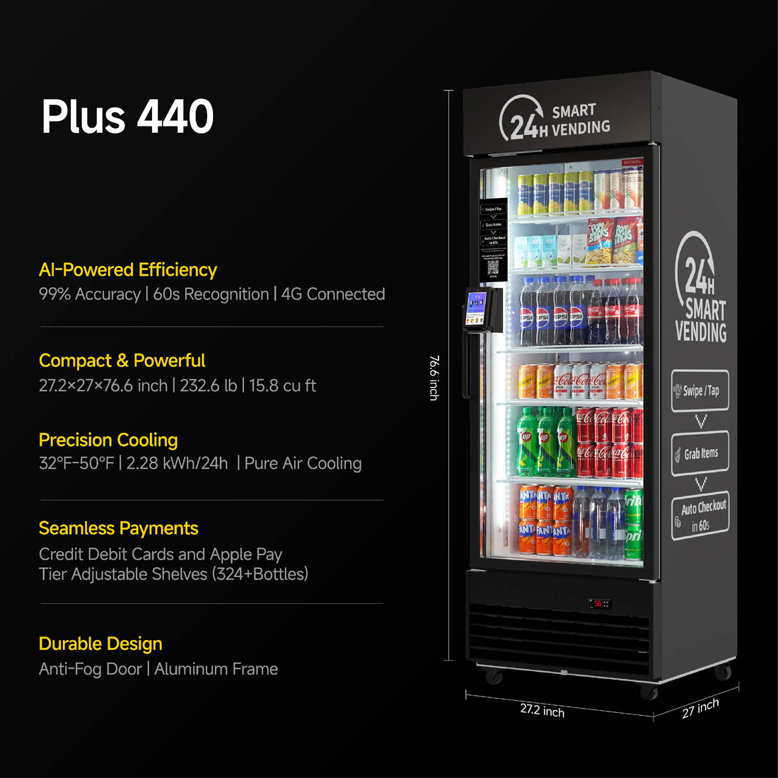 HAHA AI Vending Plus 440 | POS/NFC - 飲料フォーカススマート冷蔵、324本収納スペース付き
