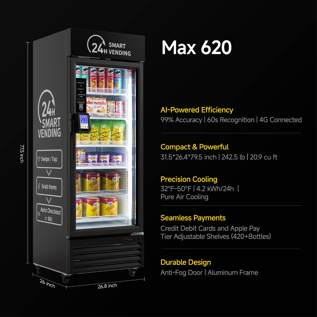 HAHA AI Vending Max 620 | キャッシュレス - 420本のボトルを収納できるスマート冷蔵コンボ
