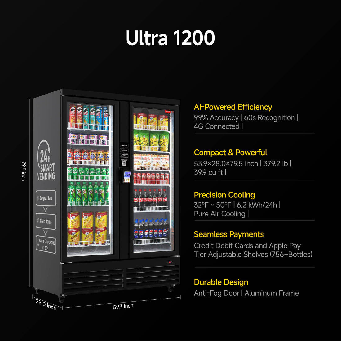 HAHA AI Vending Ultra 1200 | POS/NFC - セルフサービス式ダブルドア冷蔵、ボトル756本収納