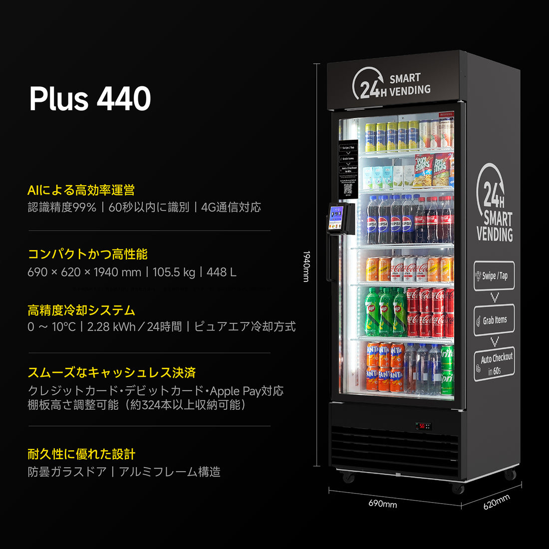 HAHA AI Vending Plus 440 | POS/NFC - 飲料フォーカススマート冷蔵、324本収納スペース付き