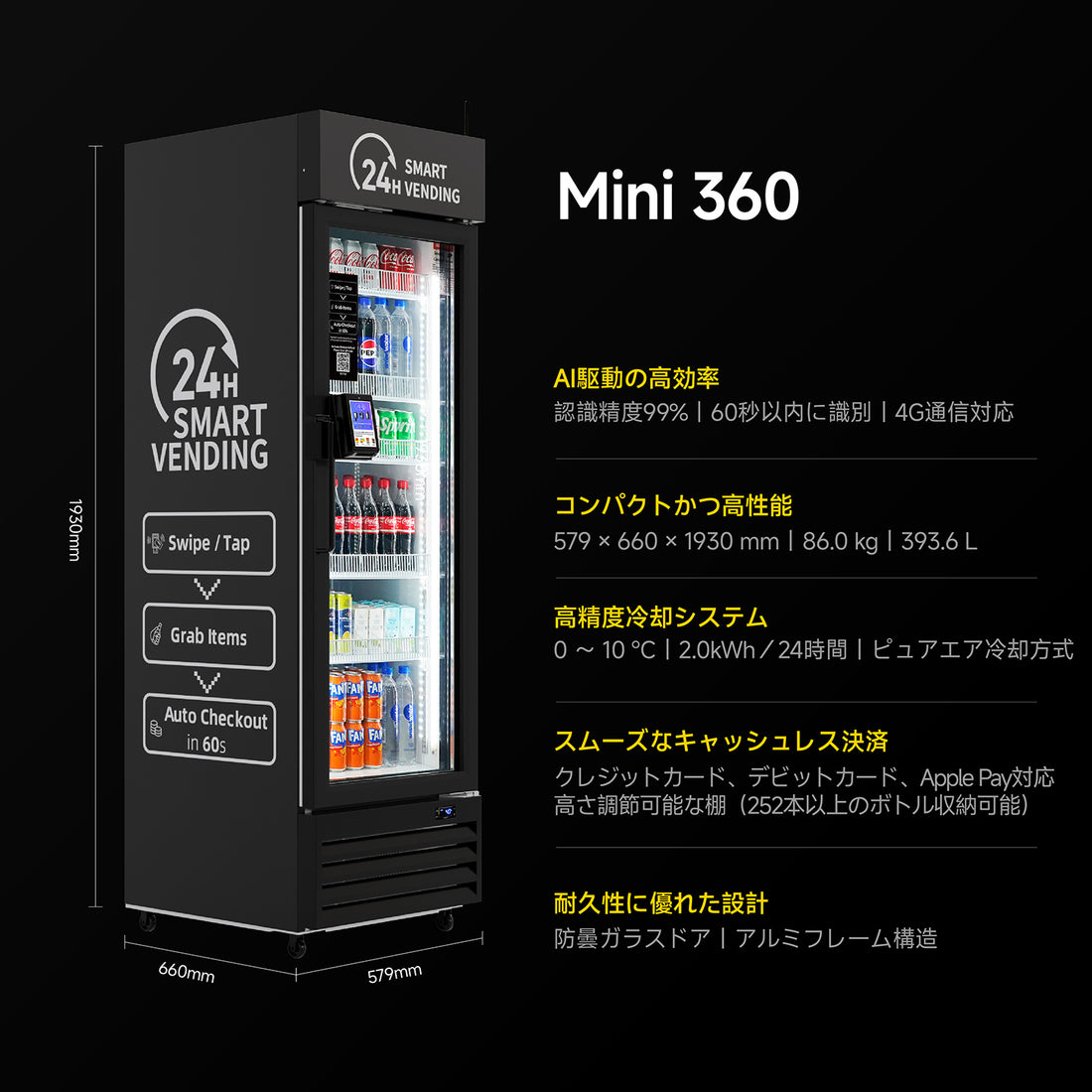HAHA AI Vending Mini 360 | タッチカードリーダー - 252本のボトルを収納できるスマート冷蔵コンボ